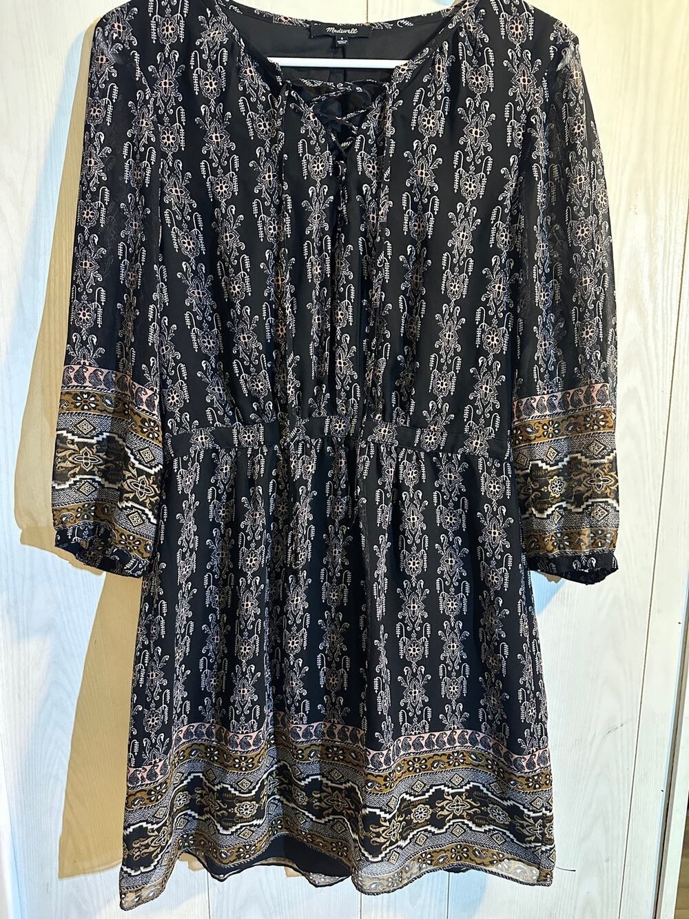 Madwell Lace Up Boho Medallion Mini Dress Womens 6 Black Long Sleeve Holiday 16